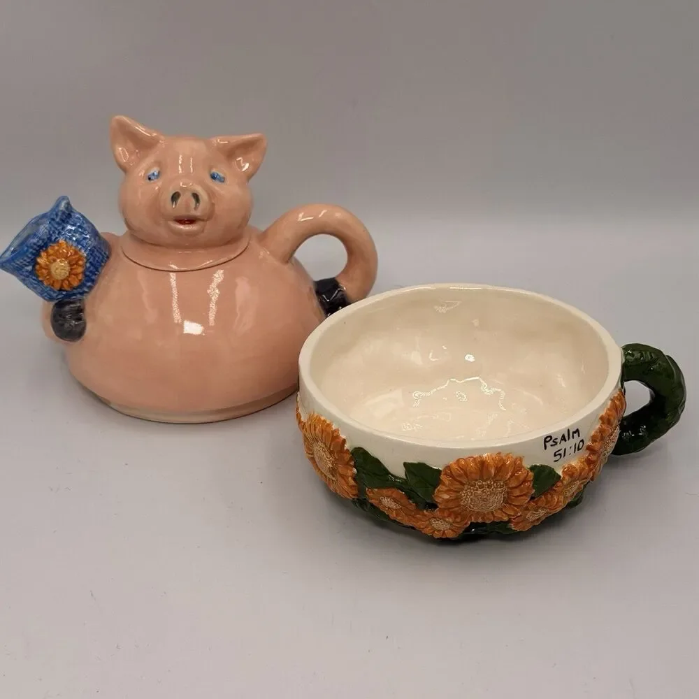 Vintage Ceramic Stacking Pig Teapot Mug Set Sunflower Psalm 51:10 Signed 1999